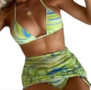 NWT Shein 3 pc Swirl Bikini and Ruched Skirt Set sz S